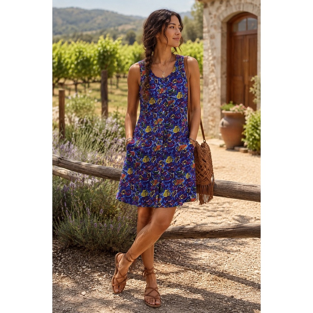 Bechamel Vintage Womens‎ L Dress Purple Pink Fish Print Button Coastal Sundress